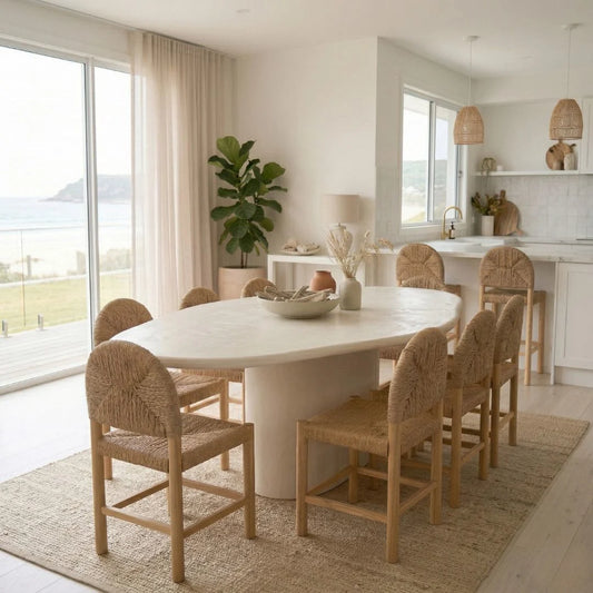 Modern dining area with a round white table and wicker chairs in a bright room.