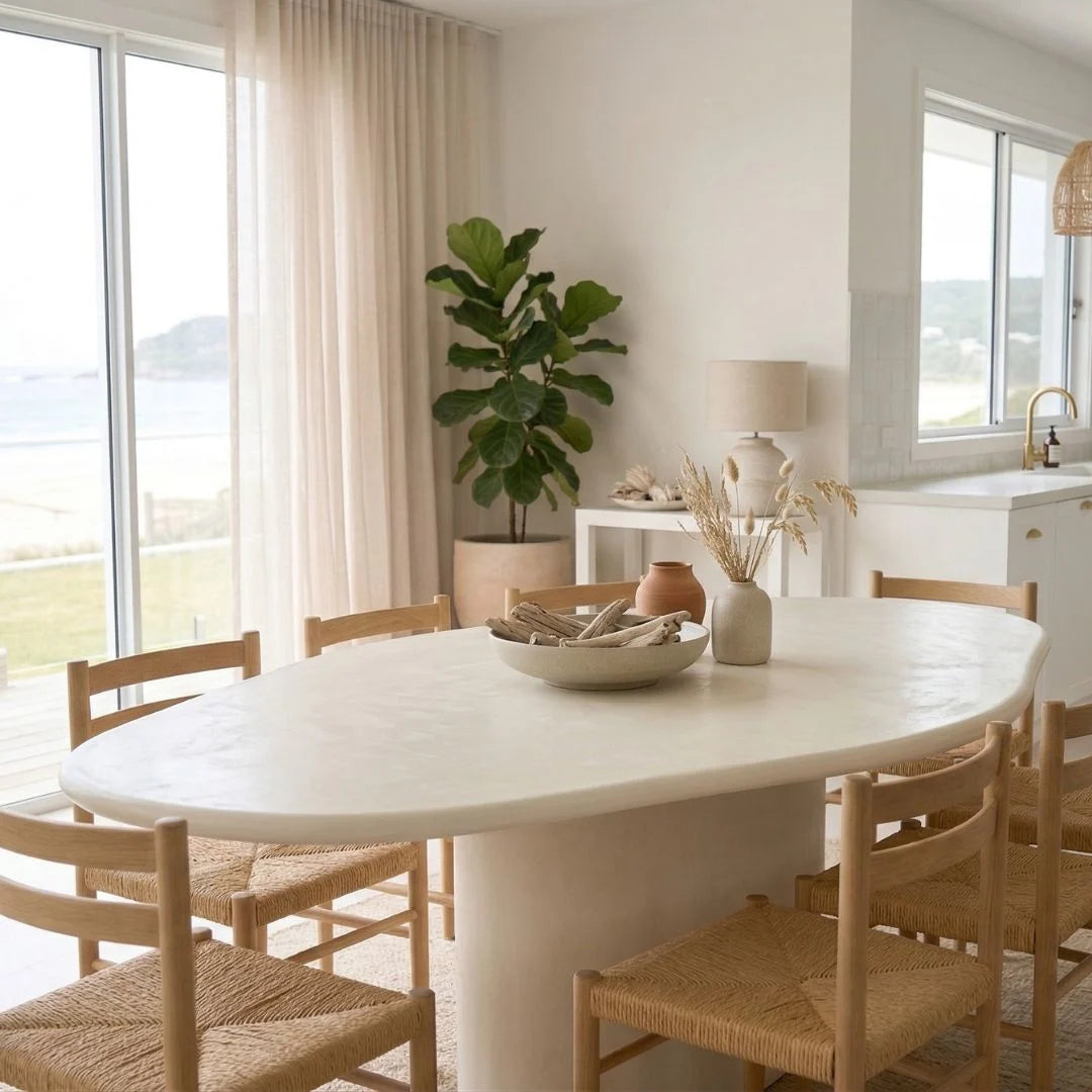 Dining room with a white marble table and wooden chairs, featuring a plant and decorative items.