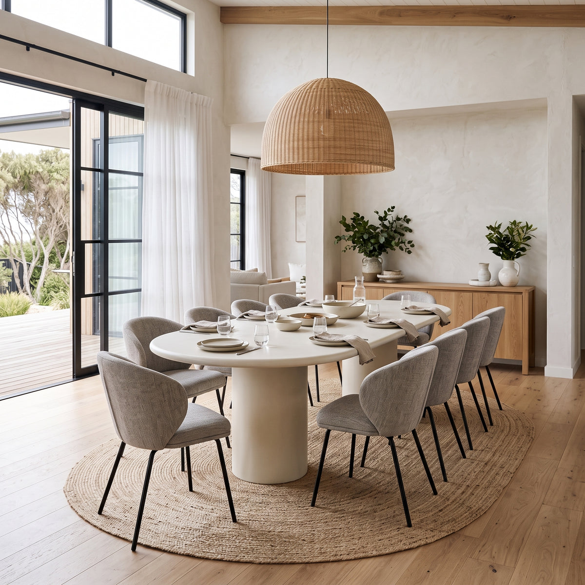 A modern dining room featuring a round white table surrounded by eight gray upholstered dining chairs with black metal legs, set on a round jute rug under a large woven pendant light.