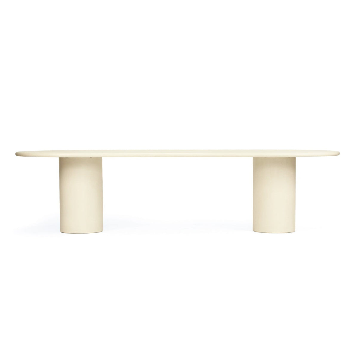 A minimalist modern table with a long oval top and two thick cylindrical pedestal legs, shown on a solid white background.