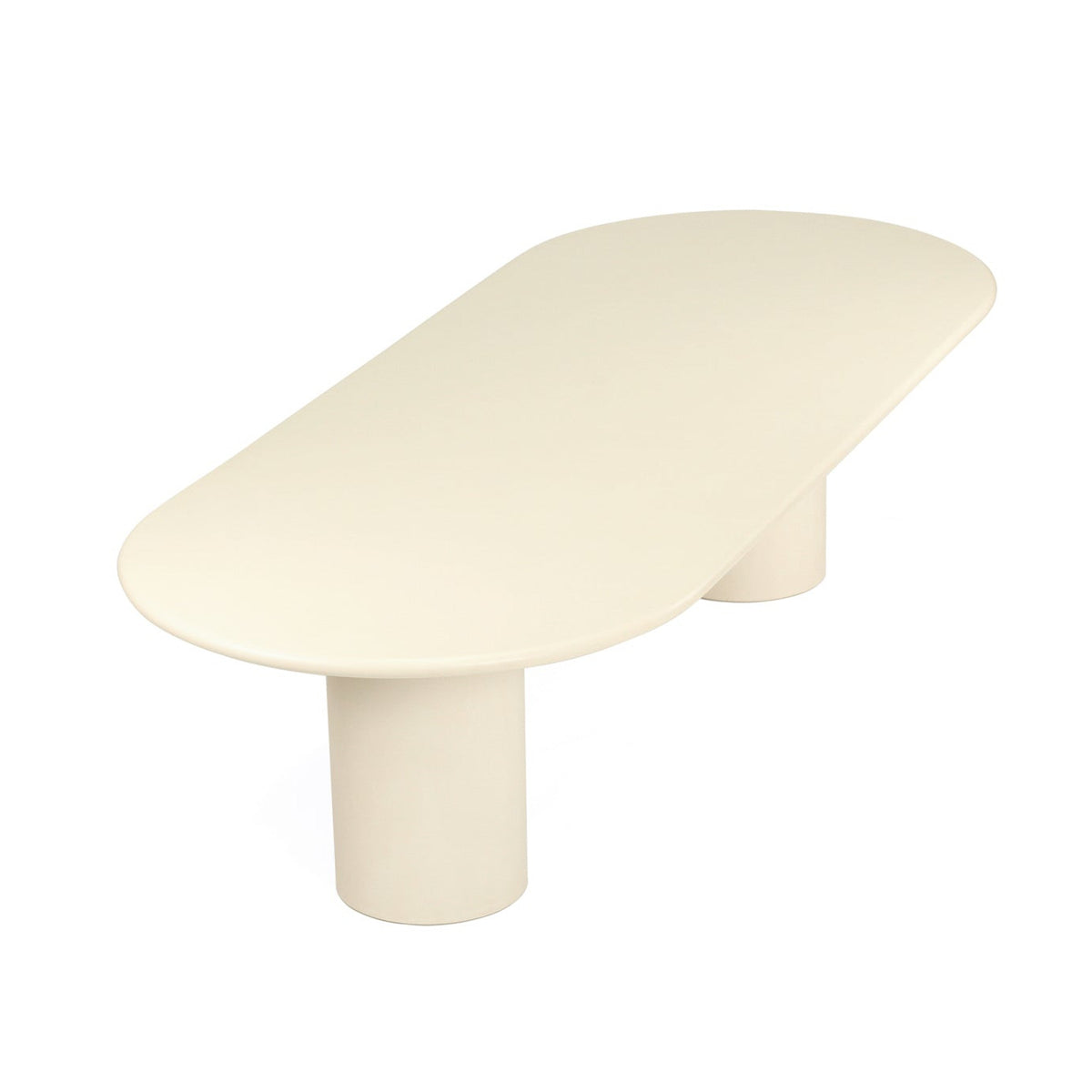 A minimalist modern coffee table with a smooth, rounded, elongated oval top and a single cylindrical pedestal base, shown in a warm cream or off-white color on a solid white background.