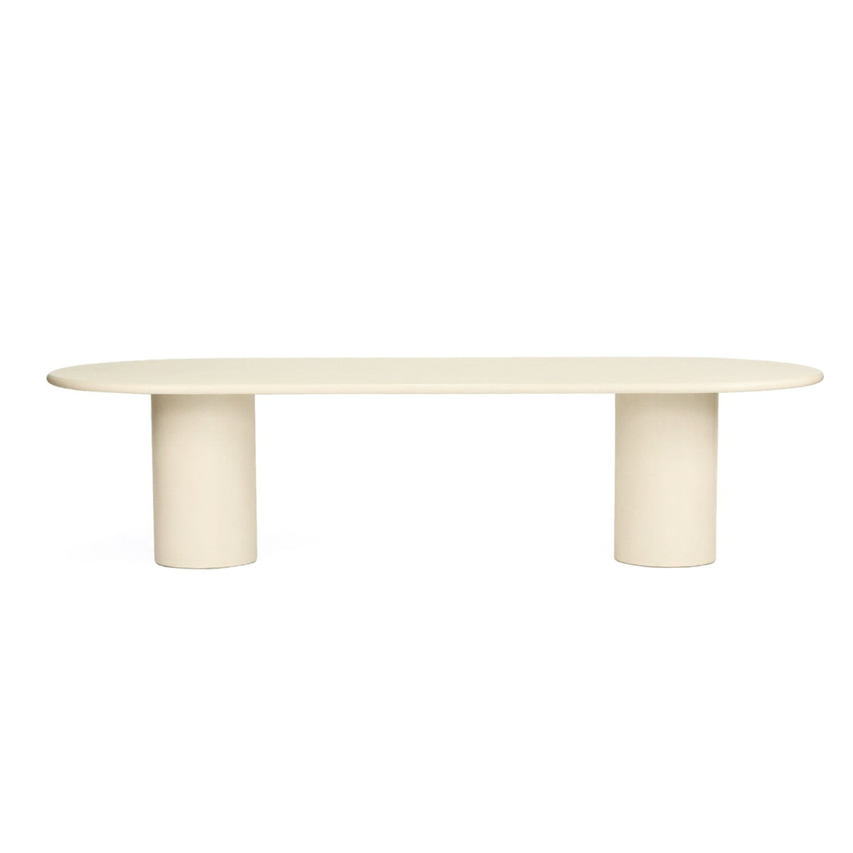 A minimalist oval coffee table with a light beige wood top and two matching cylindrical legs, shown against a solid white background.