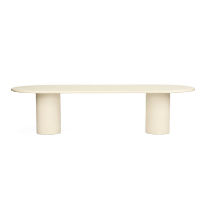 A minimalist oval coffee table with a light beige wood top and two matching cylindrical legs, shown against a solid white background.