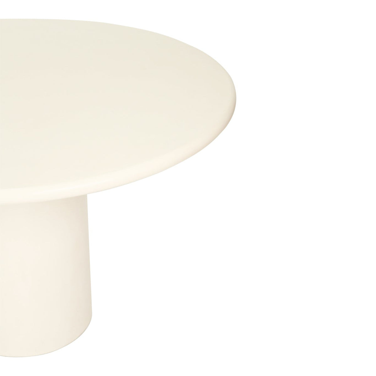 A close-up of a minimalist round table with a smooth, matte off-white surface and a matching cylindrical pedestal base, shown against a solid white background.