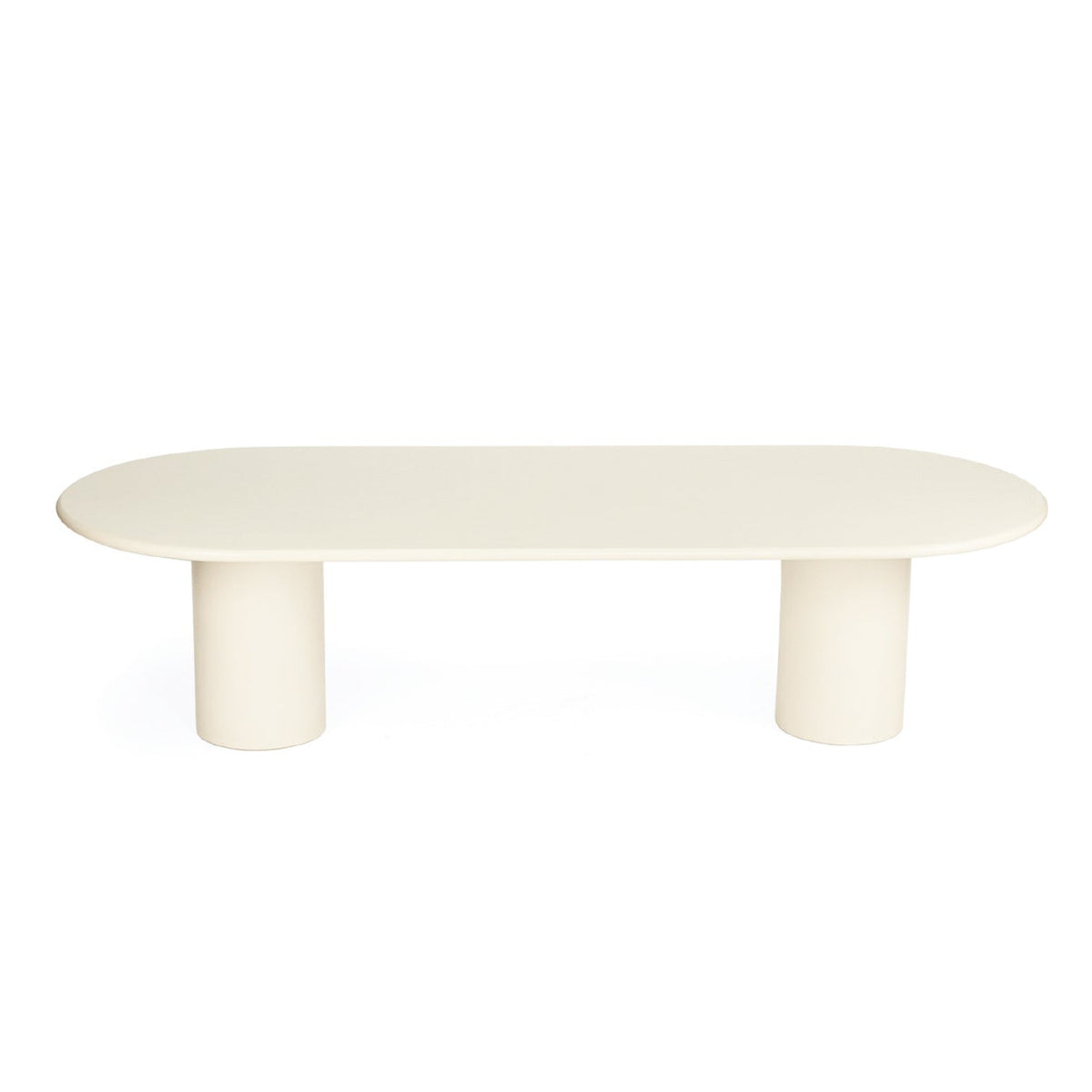 A minimalist  table with a rounded rectangular top and two cylindrical legs, finished in a warm off-white/cream color, shown on a solid white background.