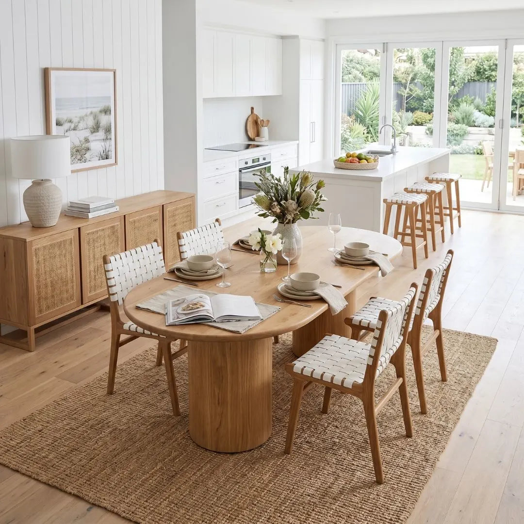 Dining room with wooden table and chairs, kitchen in the background