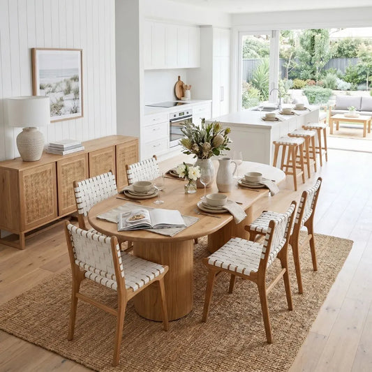 Dining room with wooden table and chairs, kitchen in the background