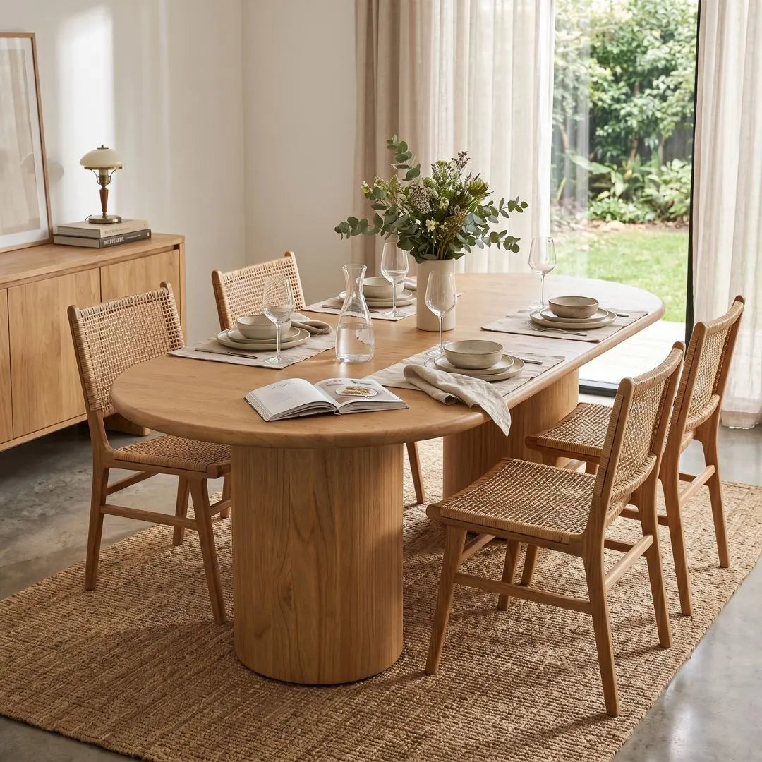 Dining room with wooden table and chairs, set for a meal with books and glasses.