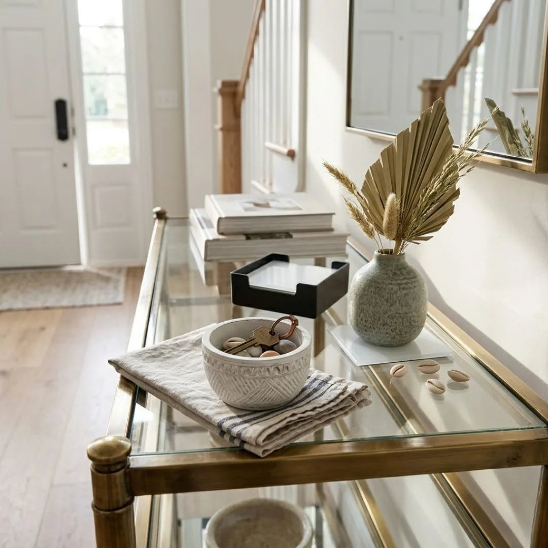 Glass coffee table with decorative items in a home setting