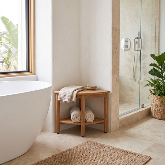 A small round wooden side table in a bathroom corner, styled with a folded cream towel, a small bowl, and rolled towels. The table is positioned between a white freestanding bathtub on the left and a glass shower enclosure on the right, with a woven rug in the foreground and a potted plant nearby.
