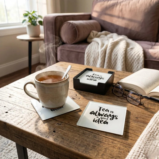 Tea cup with a spoon on a wooden table, with a book and glasses nearby, in a cozy living room setting.