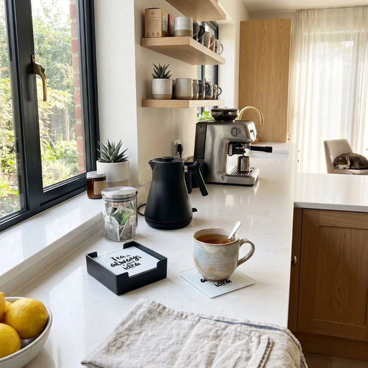 Modern kitchen with coffee setup, including a coffee maker and mug on a countertop.