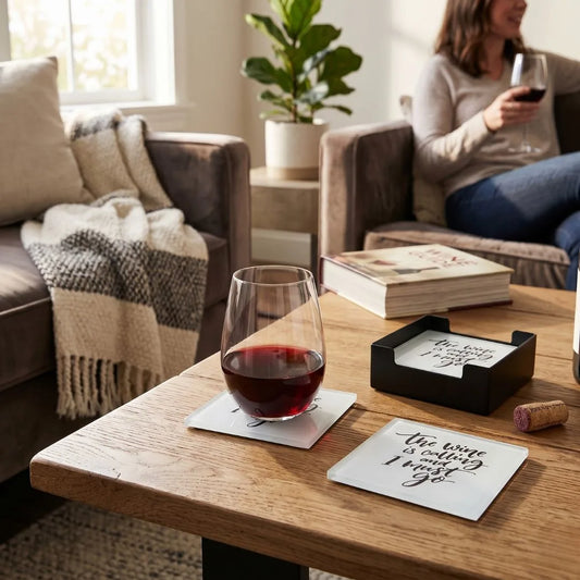 Glass of red wine on a coaster with a woman sitting in the background in a cozy living room.