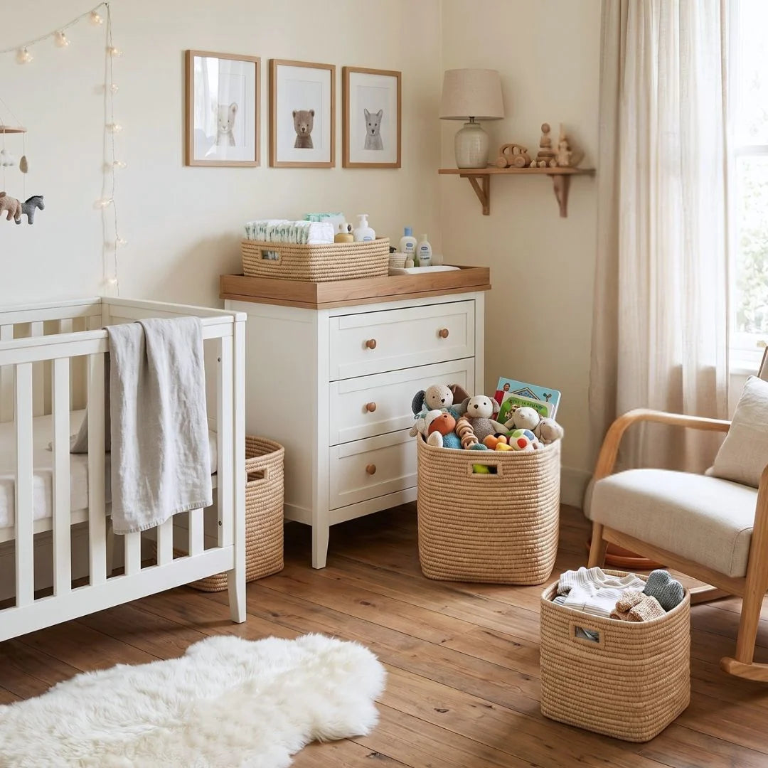 Nursery room with white crib, dresser, and storage baskets filled with toys and items.