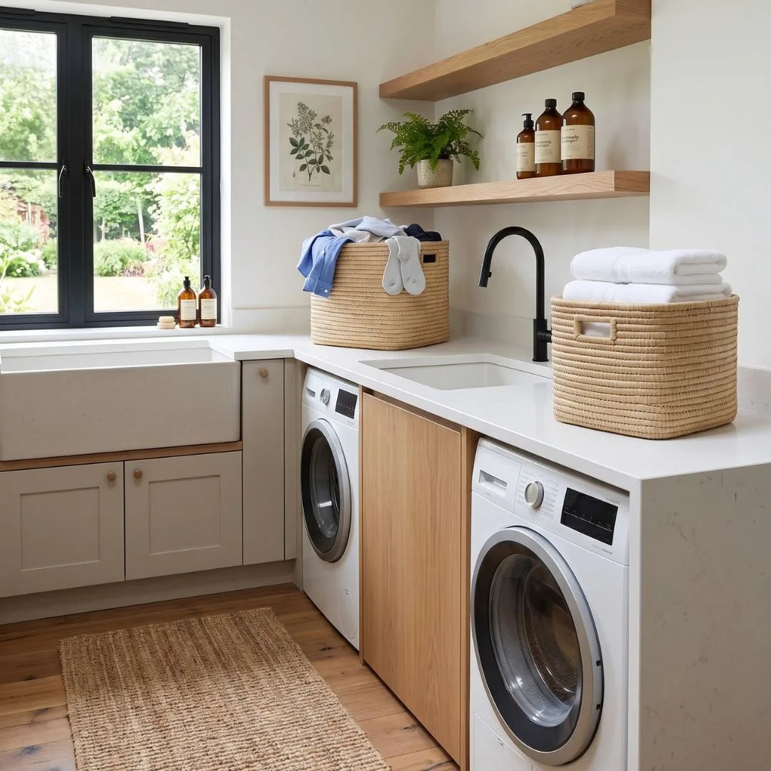 Modern laundry room with washing machines, baskets, and a window.
