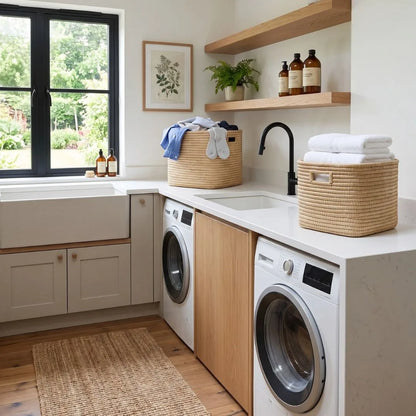 Modern laundry room with washing machines, baskets, and a window.