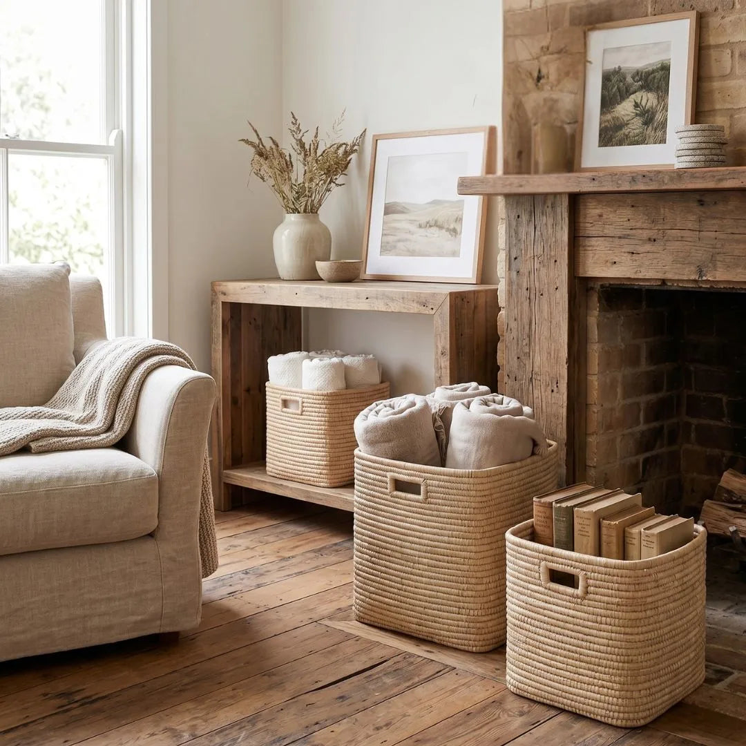 Living room with beige armchair, wooden baskets, and framed pictures on a wooden shelf.