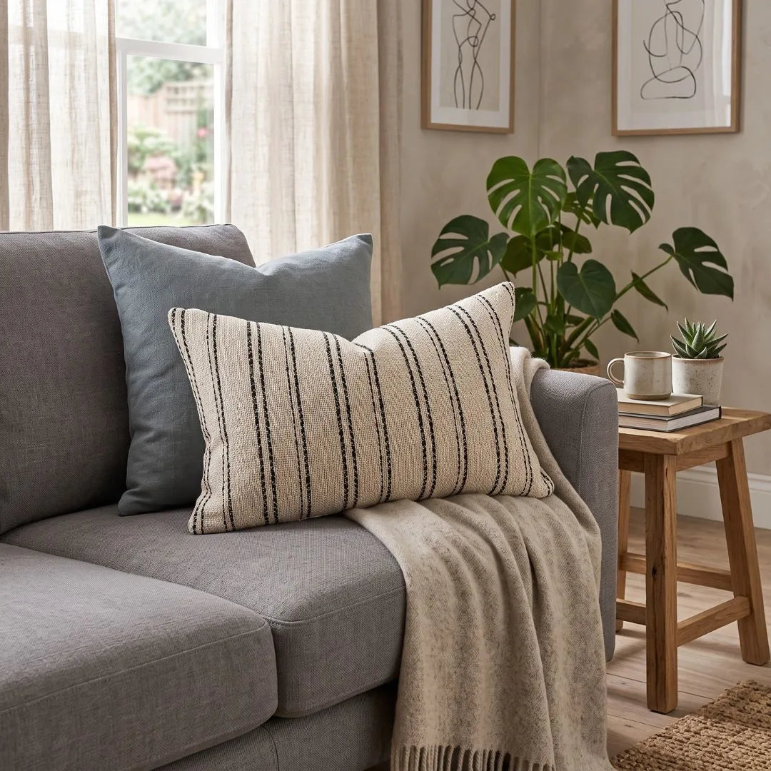 A styled living room scene showing a gray sofa with two throw pillows, one cream pillow with black vertical stripes and one solid blue-gray pillow, along with a beige throw blanket, a wooden side table, and a potted monstera plant.