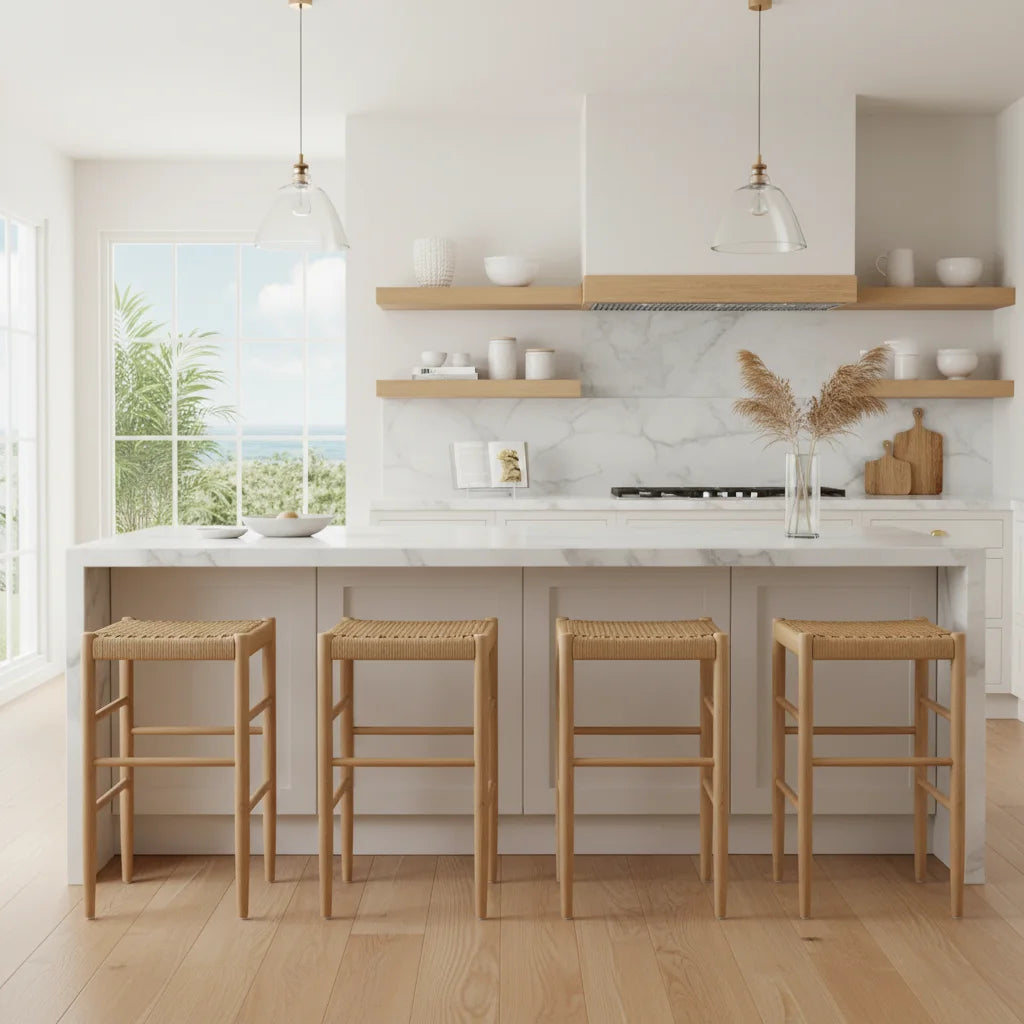 Sun Republic American Oak and rattan seat saddle counter stools in a modern kitchen