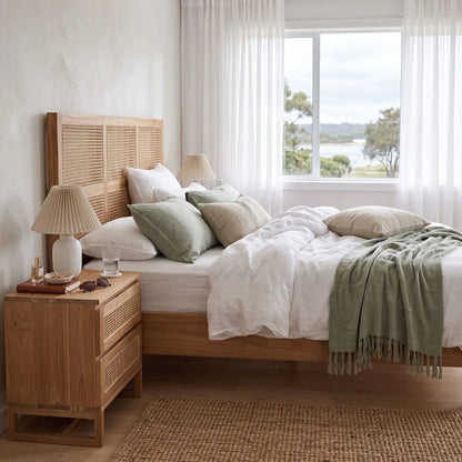 A styled bedroom scene featuring a light natural wood bed with a woven cane headboard, dressed in white linens and sage green pillows and a fringed throw blanket, next to a matching wooden nightstand with a lamp.