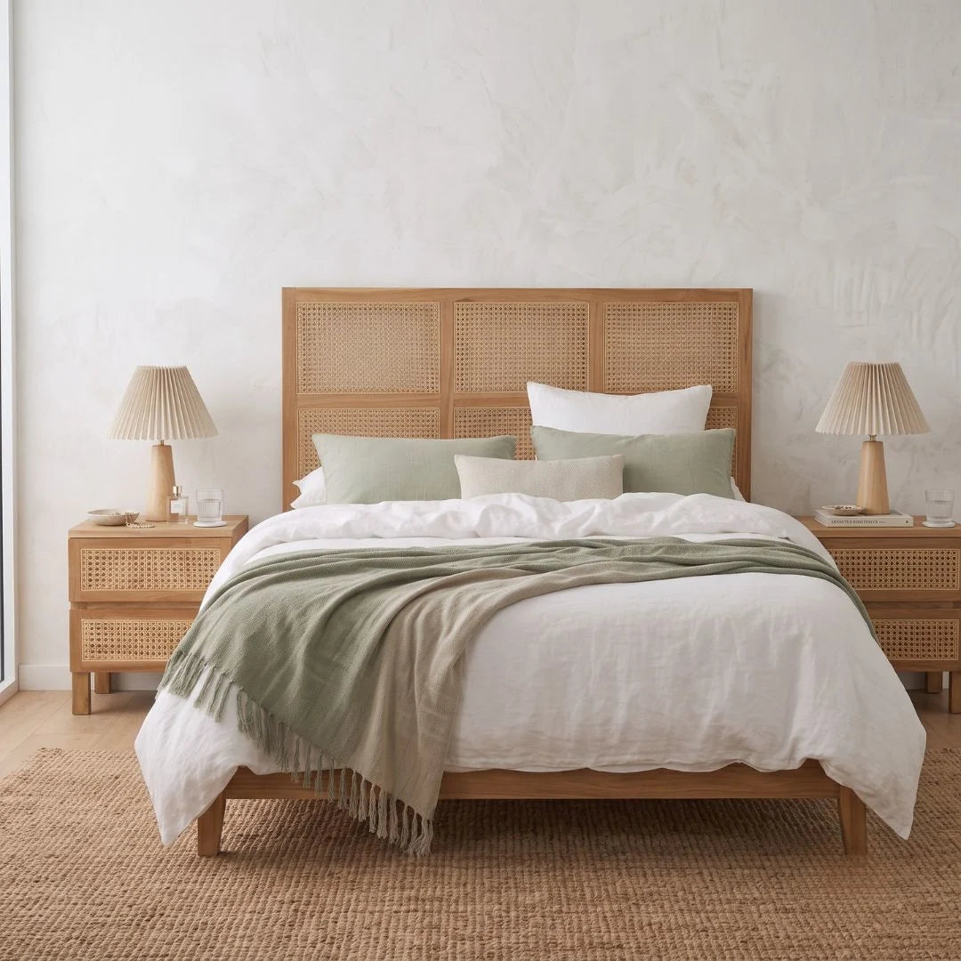 A styled bed in a minimalist bedroom featuring a light wood frame with a woven cane headboard and matching side tables, dressed in white linens with sage green pillows and a sage green throw blanket.