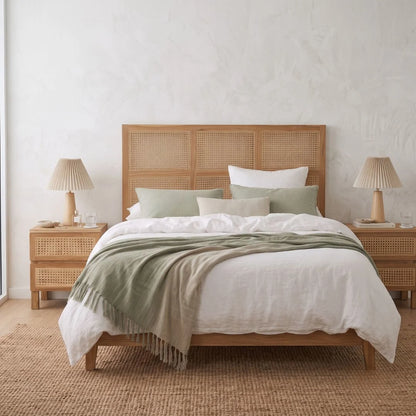 A styled bed in a minimalist bedroom featuring a light wood frame with a woven cane headboard and matching side tables, dressed in white linens with sage green pillows and a sage green throw blanket.