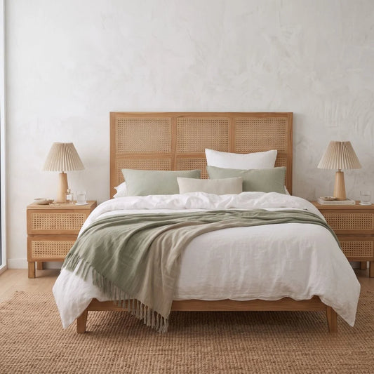 A styled bed in a minimalist bedroom featuring a light wood frame with a woven cane headboard and matching side tables, dressed in white linens with sage green pillows and a sage green throw blanket.