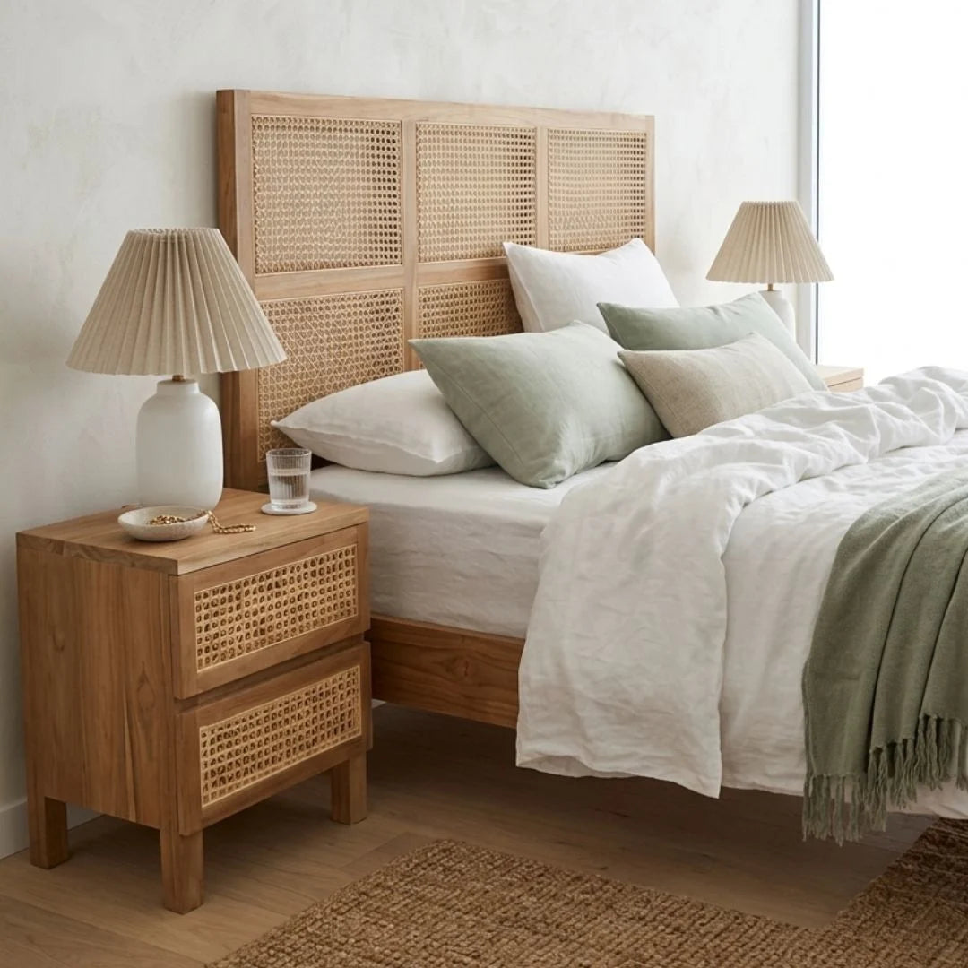 A styled bedroom scene featuring a wooden bed frame with woven cane panels, matching nightstand, and bedside table lamp in a bright, neutral-toned room.