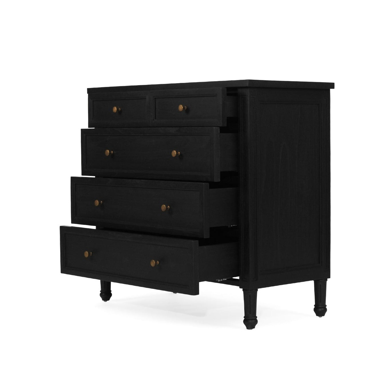 Black dresser with gold knobs on a white background