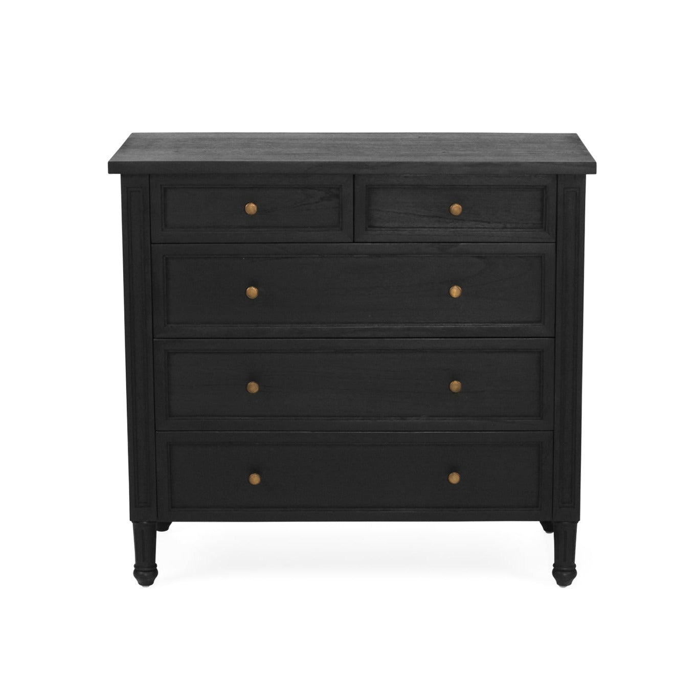 Black dresser with gold knobs on a white background