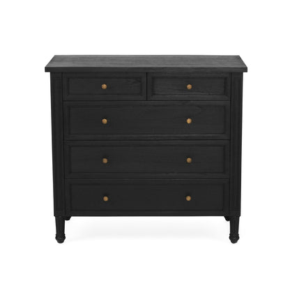 Black dresser with gold knobs on a white background