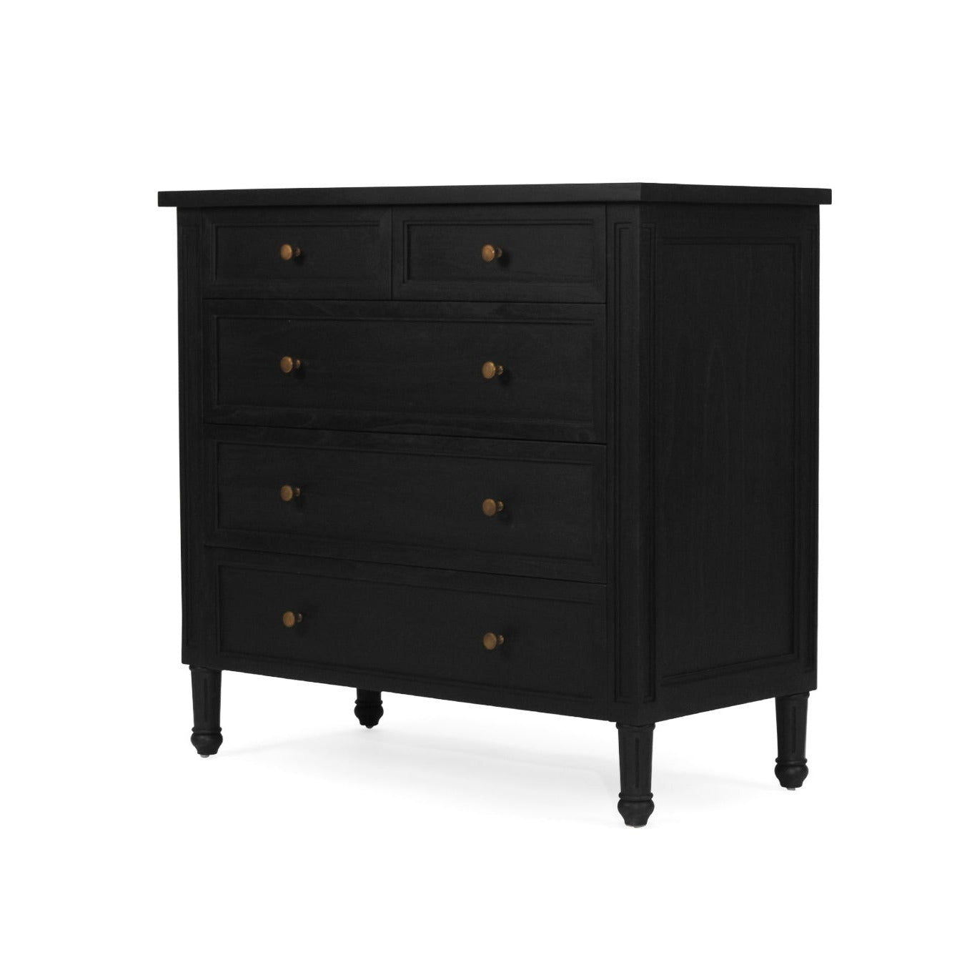 Black dresser with gold knobs on a white background