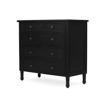 Black dresser with gold knobs on a white background