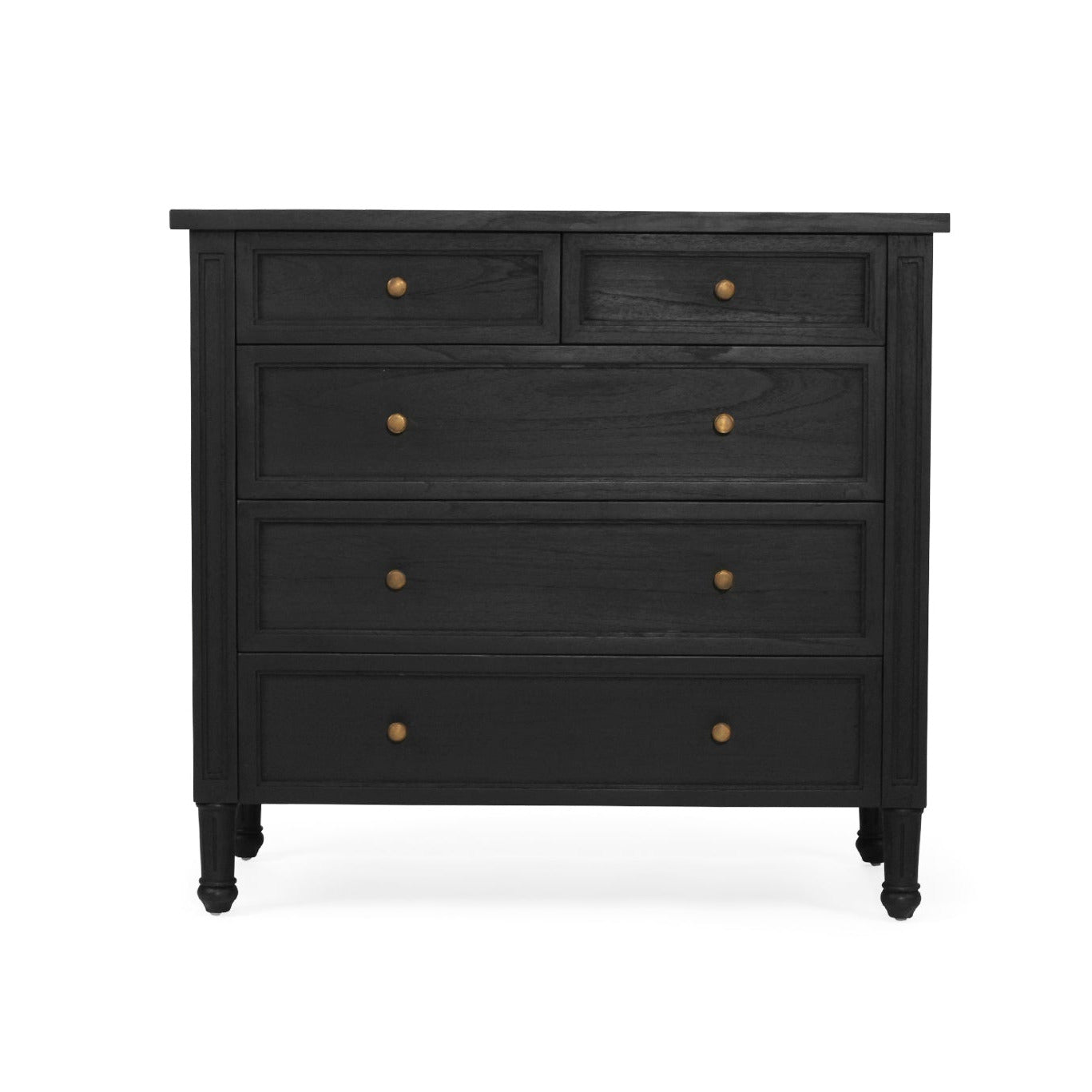 Black dresser with gold knobs on a white background