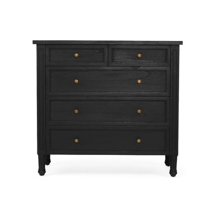 Black dresser with gold knobs on a white background