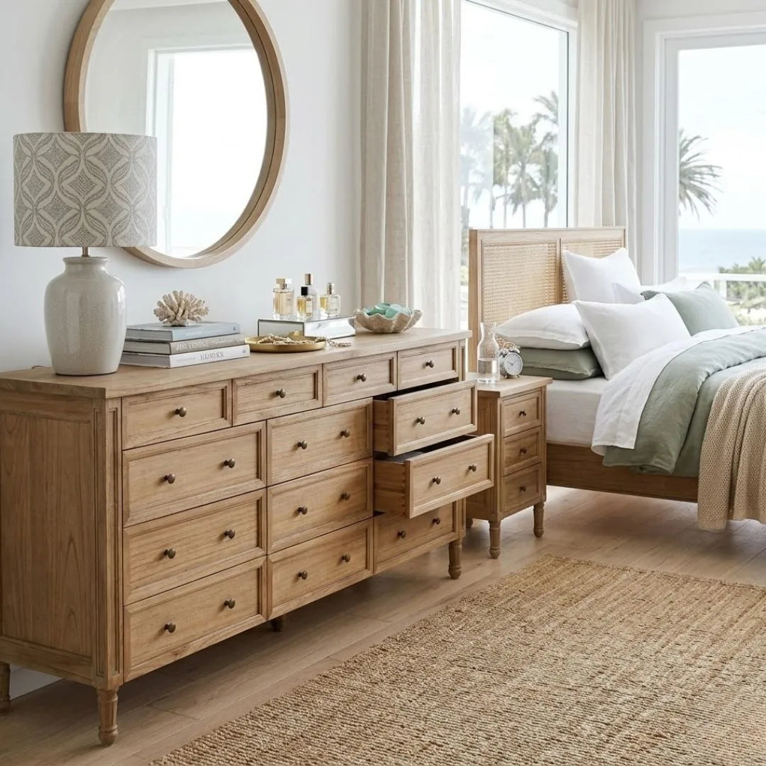 Wooden dresser in a bedroom with a bed and round mirror.