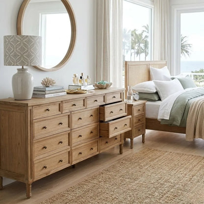 Wooden dresser in a bedroom with a bed and round mirror.