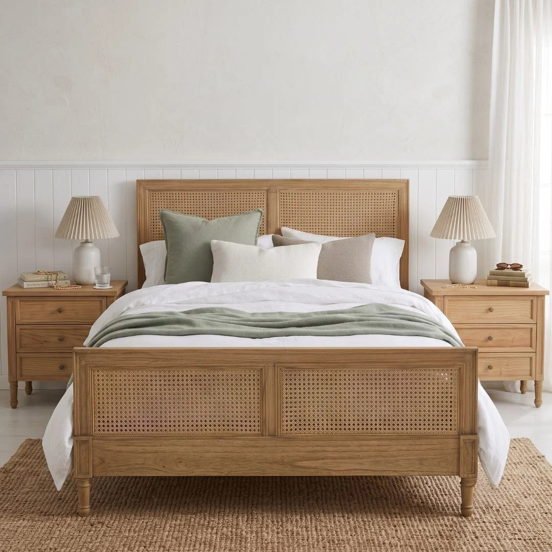 A light natural wood bed frame with woven cane panels, styled with white and sage green bedding, flanked by matching wooden nightstands with lamps.