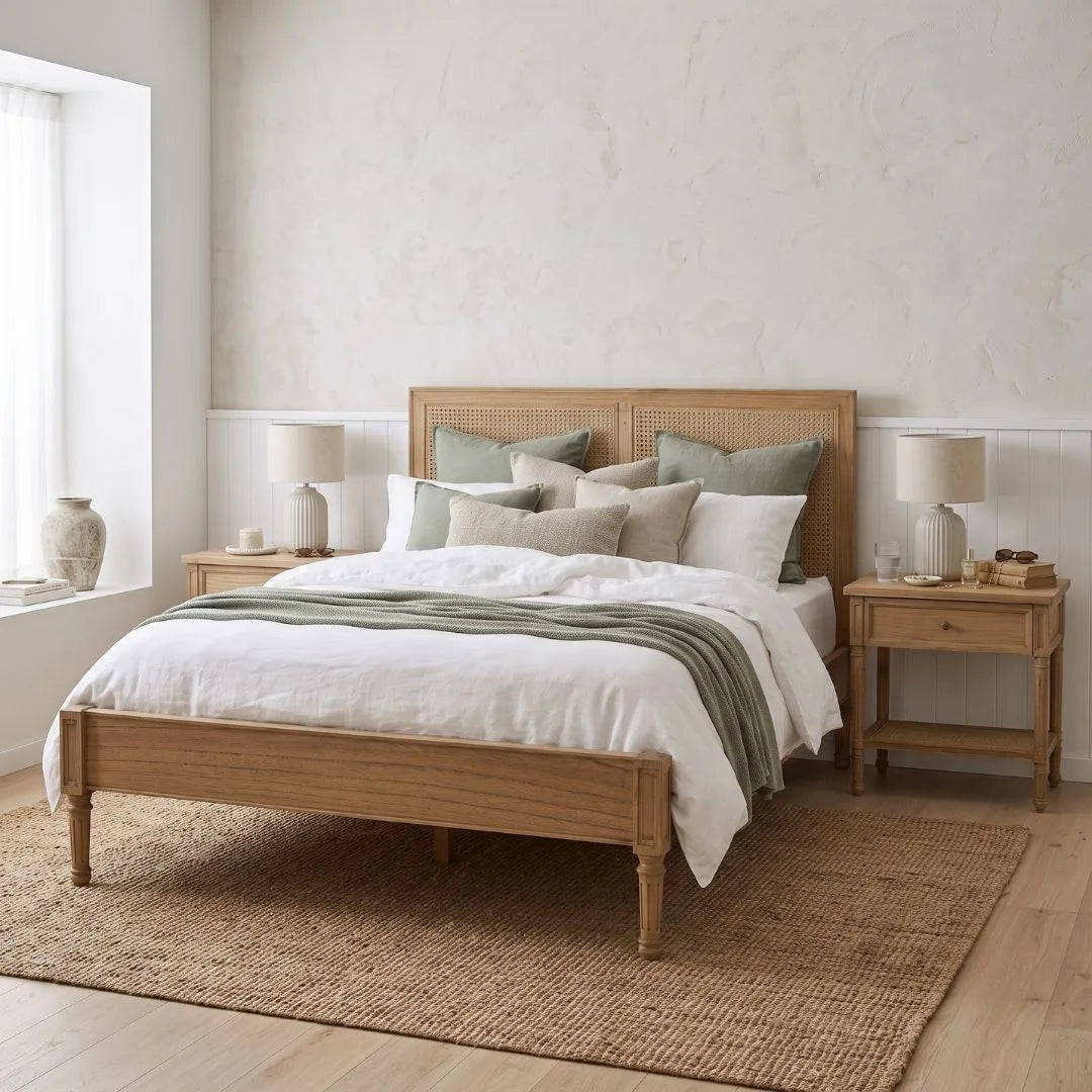 A light natural wood bed frame with a woven cane headboard, styled with white and sage green bedding in a bright, modern bedroom.
