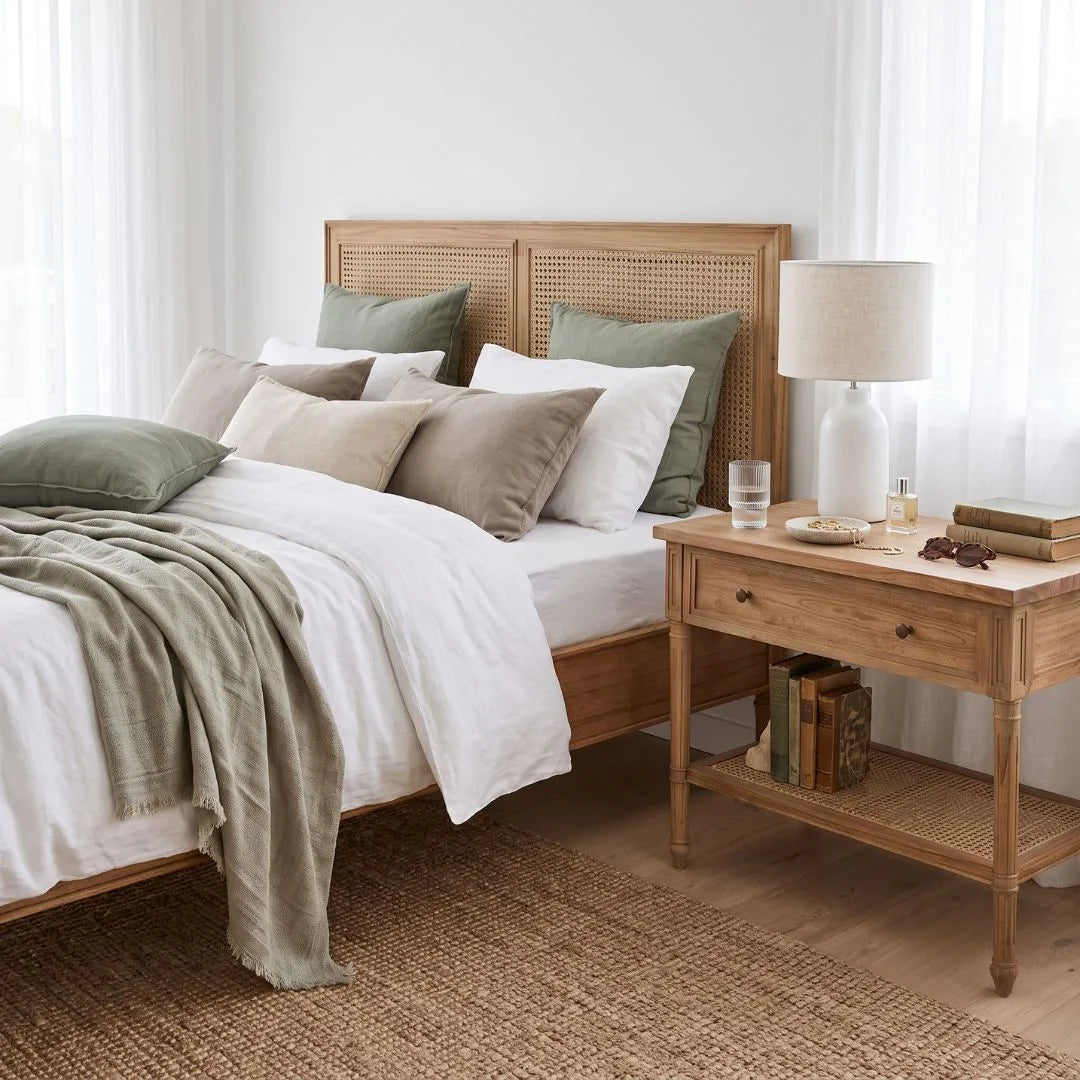 A styled bedroom scene featuring a light natural wood bed frame with a cane headboard, dressed in white linens and sage green and taupe pillows, next to a matching wooden nightstand with a white lamp.