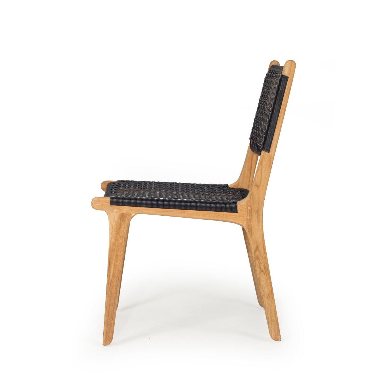 A mid-century modern wooden dining chair with a natural oak frame and black woven rope seat and backrest, shown from a side profile on a white background.