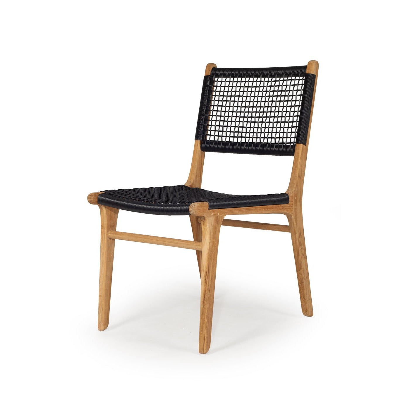 A modern wooden dining chair with a natural oak frame and black woven rope seat and backrest, shown on a clean white background.