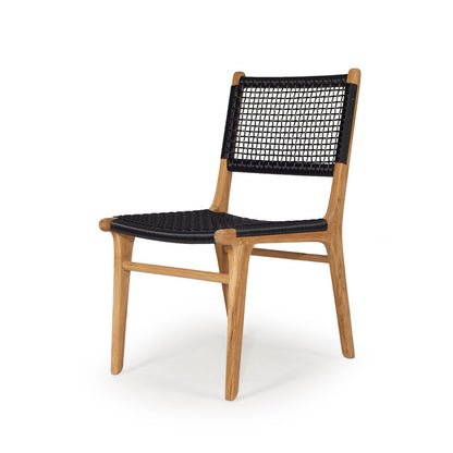 A modern wooden dining chair with a natural oak frame and black woven rope seat and backrest, shown on a clean white background.