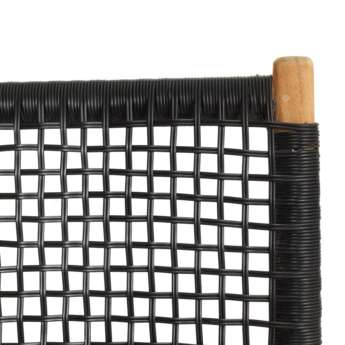 A close-up of a black woven mesh or rope panel with a light natural wood end post, shown against a plain white background.