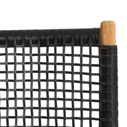 A close-up of a black woven mesh or rope panel with a light natural wood end post, shown against a plain white background.