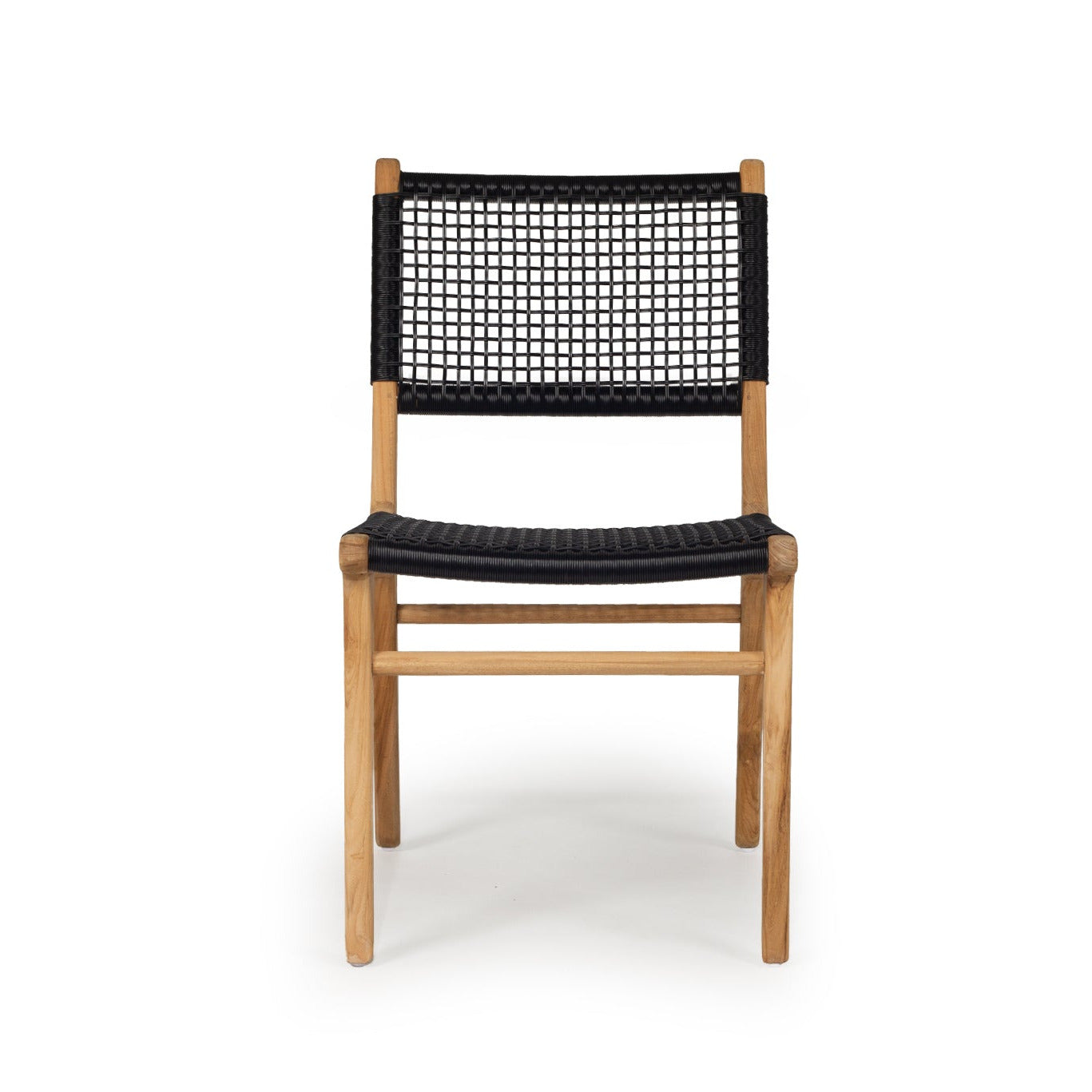 A wooden dining chair with a natural oak frame and black woven rope on the seat and backrest, shown against a plain white background.