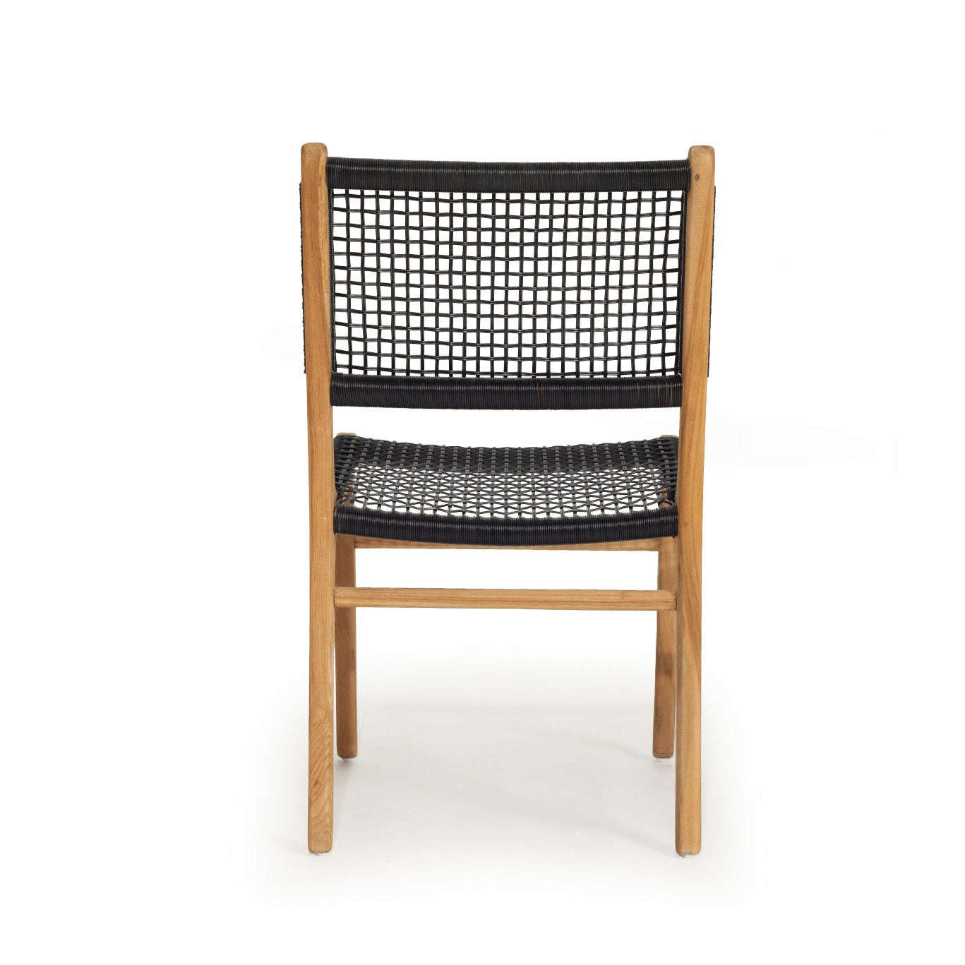 A wooden dining chair with a black woven rope seat and backrest, shown from the front against a plain white background.