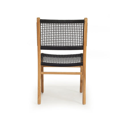 A wooden dining chair with a black woven rope seat and backrest, shown from the front against a plain white background.
