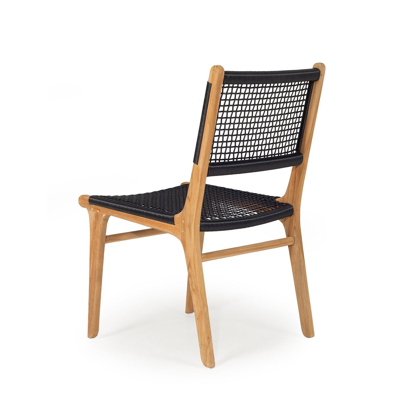 A mid-century modern side chair with a light natural wood frame and black woven rope seat and backrest, shown from a three-quarter angle on a white background.