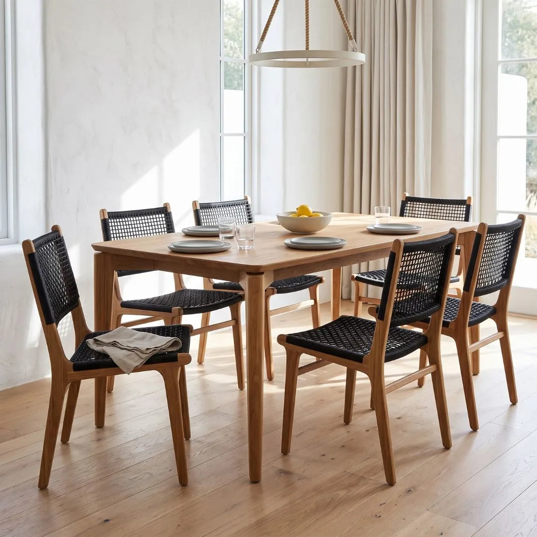 A rectangular wooden dining table with six matching chairs featuring black woven seats and backs, styled in a bright, modern dining room with a hanging pendant light and large windows.